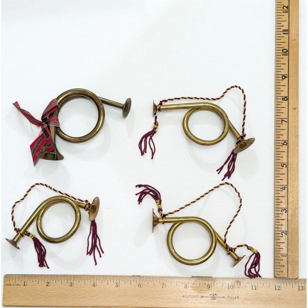 Brass Bugle French Horn Christmas Tree Ornament Decor Vintage Miniature Lot of 4